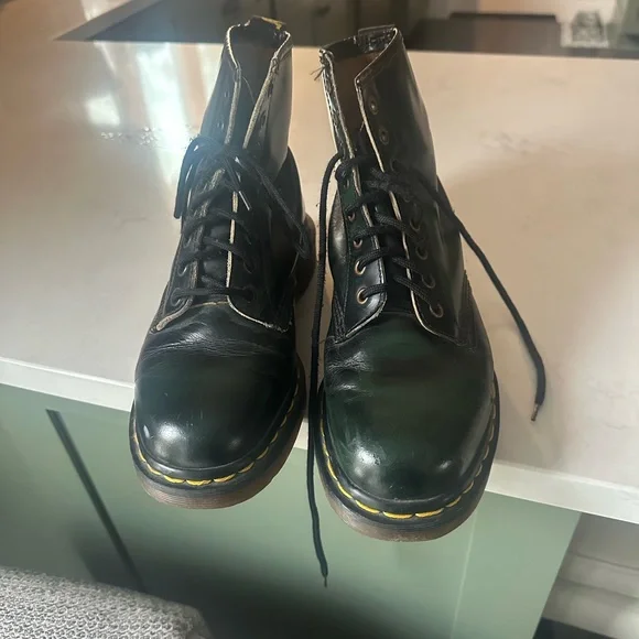 Dr. Martens Black and Green Combat Boots - Picture 2 of 6